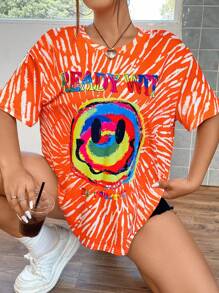 SHEIN Coolane 大碼表情&字母圖案落肩T恤 - 彩色 - 查看 1