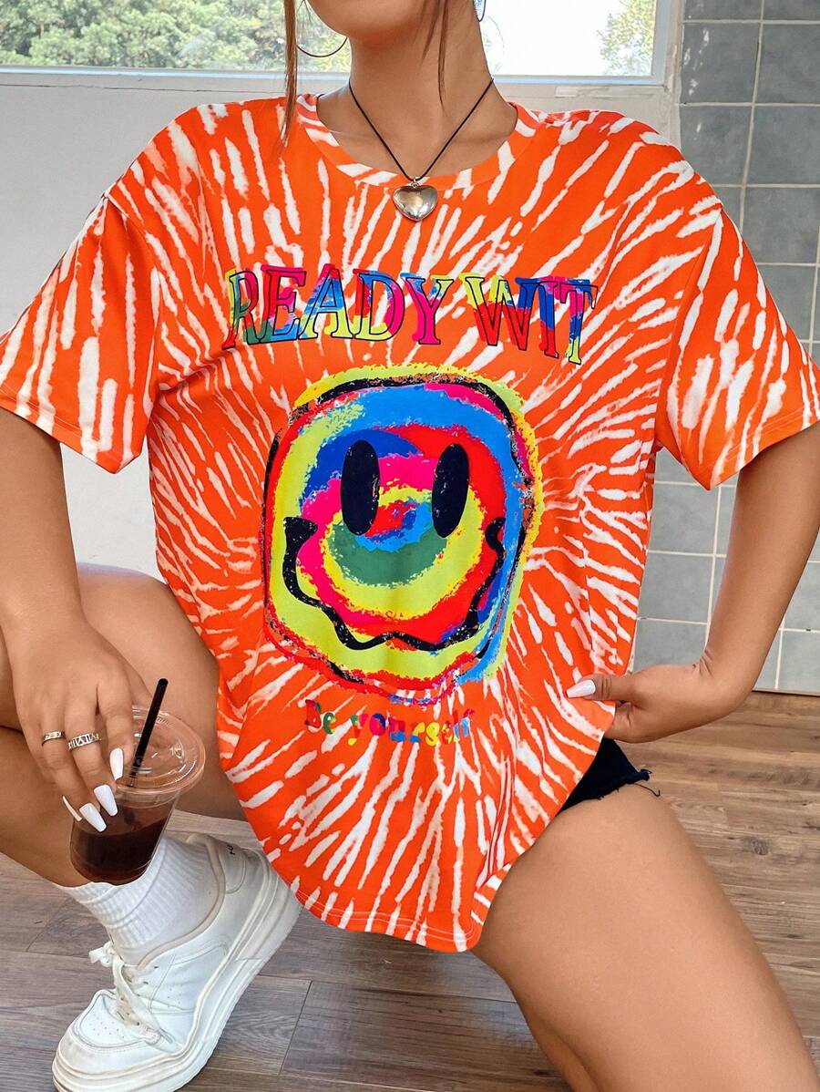 SHEIN Coolane 大碼表情&字母圖案落肩T恤 - 彩色 - 查看 1