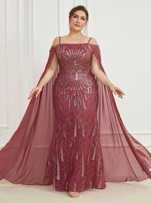 大碼挖肩網紗拼接亮片派對禮服 - 紅木色 - 查看 1