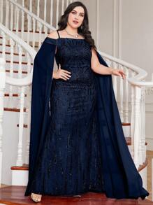 加大露肩斗篷袖亮片派对礼服优雅正式晚会舞会婚礼宾客礼服，适合毕业典礼、晚宴 - 藏蓝色 - 查看 2