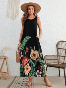 SHEIN VCAY 熱帶圖案隱藏口袋連衣裙 - 黑色 - 查看 1