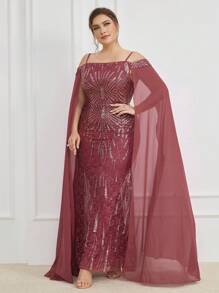 大碼挖肩網紗拼接亮片派對禮服 - 紅木色 - 查看 3