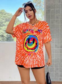 SHEIN Coolane 大碼表情&字母圖案落肩T恤 - 彩色 - 查看 3