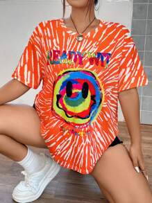 SHEIN Coolane 大碼表情&字母圖案落肩T恤 - 彩色 - 查看 5