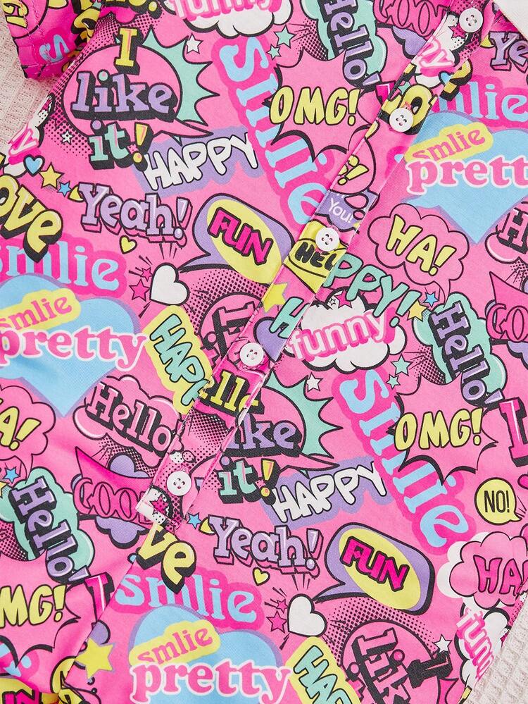 SHEIN 女小童波普藝術圖案襯衫連體短褲 - 玫紅色 - 查看 3