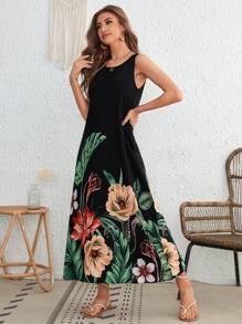 SHEIN VCAY 熱帶圖案隱藏口袋連衣裙 - 黑色 - 查看 3