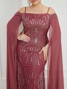 大碼挖肩網紗拼接亮片派對禮服 - 紅木色 - 查看 6