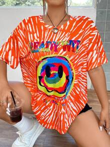 SHEIN Coolane 大碼表情&字母圖案落肩T恤 - 彩色 - 查看 6