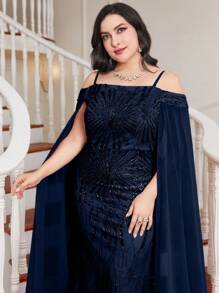 加大露肩斗篷袖亮片派对礼服优雅正式晚会舞会婚礼宾客礼服，适合毕业典礼、晚宴 - 藏蓝色 - 查看 6