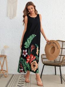 SHEIN VCAY 熱帶圖案隱藏口袋連衣裙 - 黑色 - 查看 5