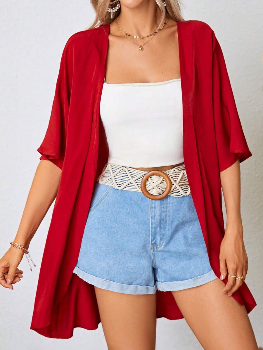 SHEIN VCAY 纯色前开和服夏季 - 酒紅色 - 查看 1