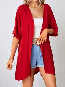 SHEIN VCAY 纯色前开和服夏季 - 酒紅色 - 查看 3