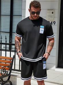 Manfinity Homme 男士大码標語圖案條紋飾邊T恤和短褲 - 黑色 - 查看 1