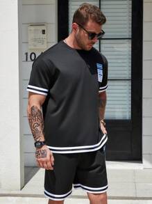 Manfinity Homme 男士大码標語圖案條紋飾邊T恤和短褲 - 黑色 - 查看 3