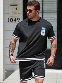 Manfinity Homme 男士大码標語圖案條紋飾邊T恤和短褲 - 黑色 - 查看 4
