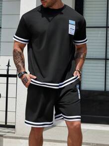 Manfinity Homme 男士大码標語圖案條紋飾邊T恤和短褲 - 黑色 - 查看 5