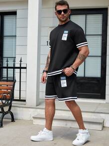 Manfinity Homme 男士大码標語圖案條紋飾邊T恤和短褲 - 黑色 - 查看 6