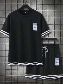 Manfinity Homme 男士大码標語圖案條紋飾邊T恤和短褲 - 黑色 - 查看 7