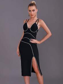 Contrast Binding Split Thigh Cami Dress - Black - View 1