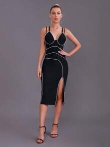 Contrast Binding Split Thigh Cami Dress - Black - View 3