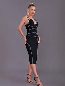 Contrast Binding Split Thigh Cami Dress - Black - View 4