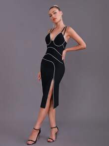 Contrast Binding Split Thigh Cami Dress - Black - View 5