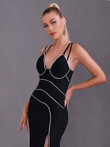 Contrast Binding Split Thigh Cami Dress - Black - View 7