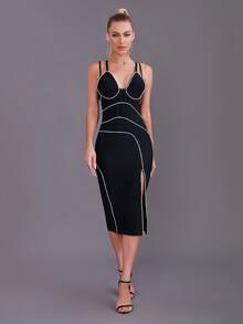 Contrast Binding Split Thigh Cami Dress - Black - View 8