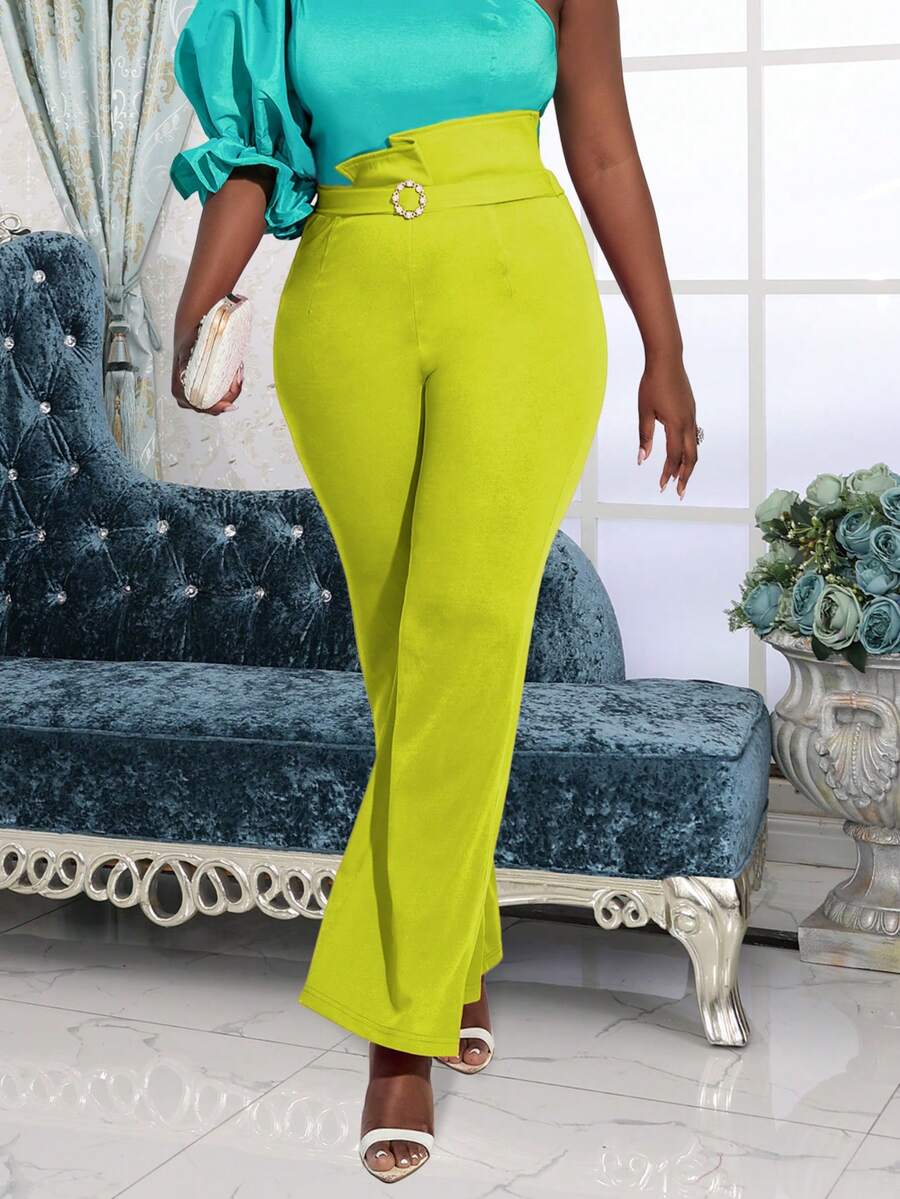 不對稱腰喇叭褲 - 青檸色 - 查看 1