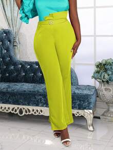 不對稱腰喇叭褲 - 青檸色 - 查看 3