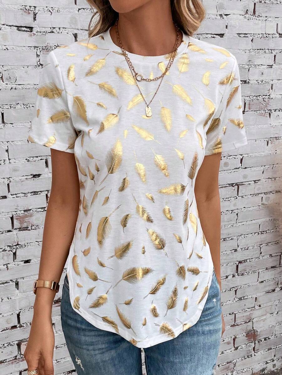 SHEIN LUNE Áo thun cổ tròn in hình lông vũ Áo thun họa tiết cho nữ - trắng - Xem 1