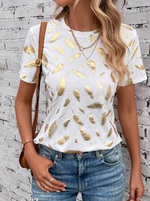 SHEIN LUNE Áo thun cổ tròn in hình lông vũ Áo thun họa tiết cho nữ - trắng - Xem 3