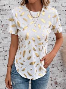 SHEIN LUNE Áo thun cổ tròn in hình lông vũ Áo thun họa tiết cho nữ - trắng - Xem 4