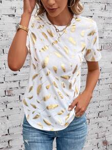 SHEIN LUNE Áo thun cổ tròn in hình lông vũ Áo thun họa tiết cho nữ - trắng - Xem 5