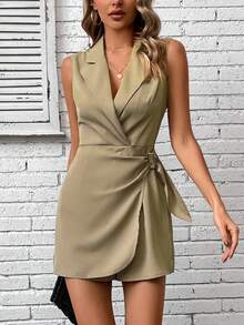 SHEIN Clasi Lapel Neck Knot Side Wrap Sleeveless Romper - Khaki - View 5