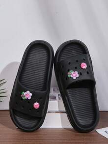 女性時尚鏤空防滑厚鞋底拖鞋適用於日常休閒穿戴,浴室,購物,海灘,製成的乙烯-乙酸乙烯共聚物材料適用於舒服的適合 - 黑色 - 查看 3
