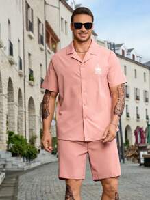 Manfinity Homme Men Plus Letter Graphic Shirt & Shorts - Dusty Pink - View 1