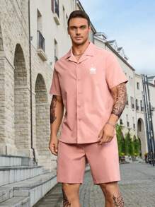 Manfinity Homme Men Plus Letter Graphic Shirt & Shorts - Dusty Pink - View 3