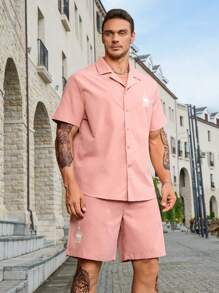 Manfinity Homme Men Plus Letter Graphic Shirt & Shorts - Dusty Pink - View 4