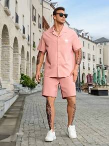 Manfinity Homme Men Plus Letter Graphic Shirt & Shorts - Dusty Pink - View 5