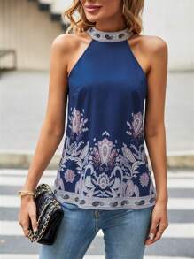 SHEIN VCAY Paisley Print Halter Neck Blouse - Navy Blue - View 7