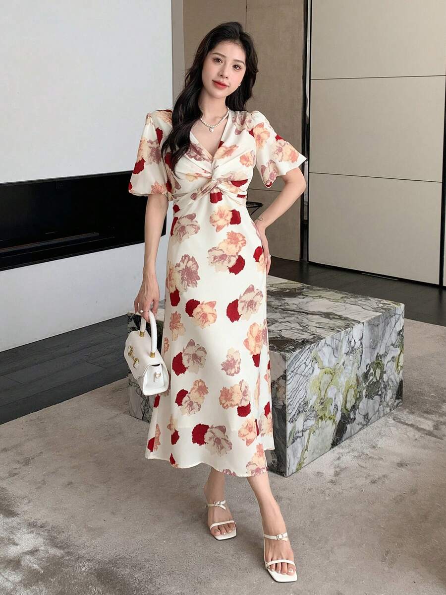DAZY Floral Print Twist Front Dress - Red - View 1
