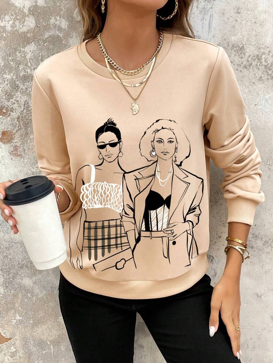 SHEIN Essnce Blusa Casual e Simples Feminina, com Estampa de Desenho Animado Solta, Adequada para o Outono e Inverno - Damasco - Visão 1