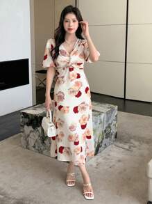 DAZY Floral Print Twist Front Dress - Red - View 2