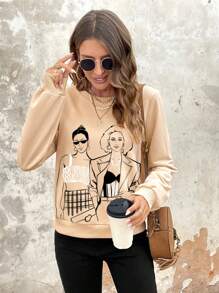 SHEIN Essnce Blusa Casual e Simples Feminina, com Estampa de Desenho Animado Solta, Adequada para o Outono e Inverno - Damasco - Visão 2