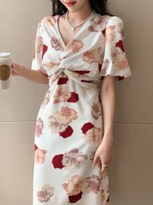 DAZY Floral Print Twist Front Dress - Red - View 3