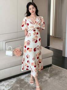 DAZY Floral Print Twist Front Dress - Red - View 5