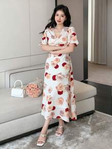 DAZY Floral Print Twist Front Dress - Red - View 6