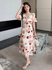 DAZY Floral Print Twist Front Dress - Red - View 7