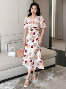 DAZY Floral Print Twist Front Dress - Red - View 8